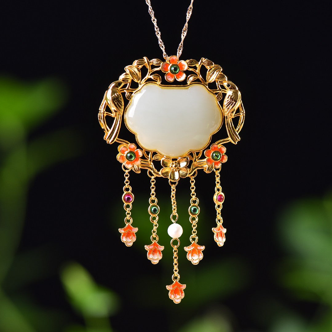 Silver gold plated Hetian jade pendant