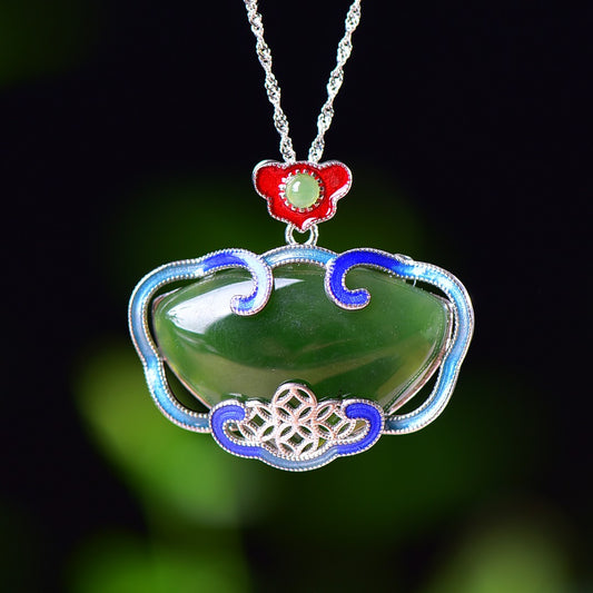 Silver inlaid Hetian jade pendant