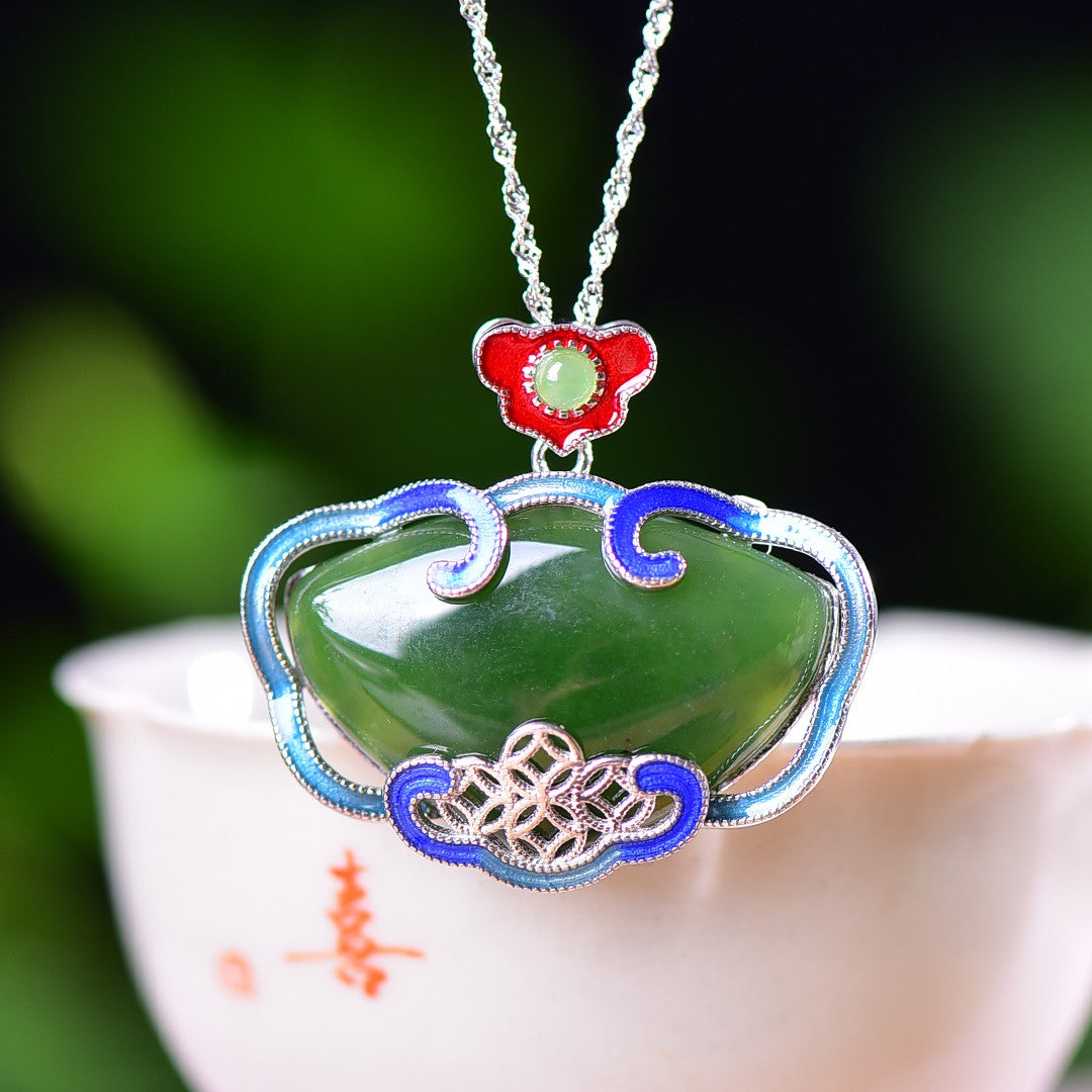 Silver inlaid Hetian jade pendant