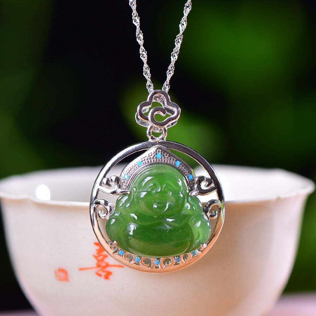 Silver inlaid Hetian jade pendant