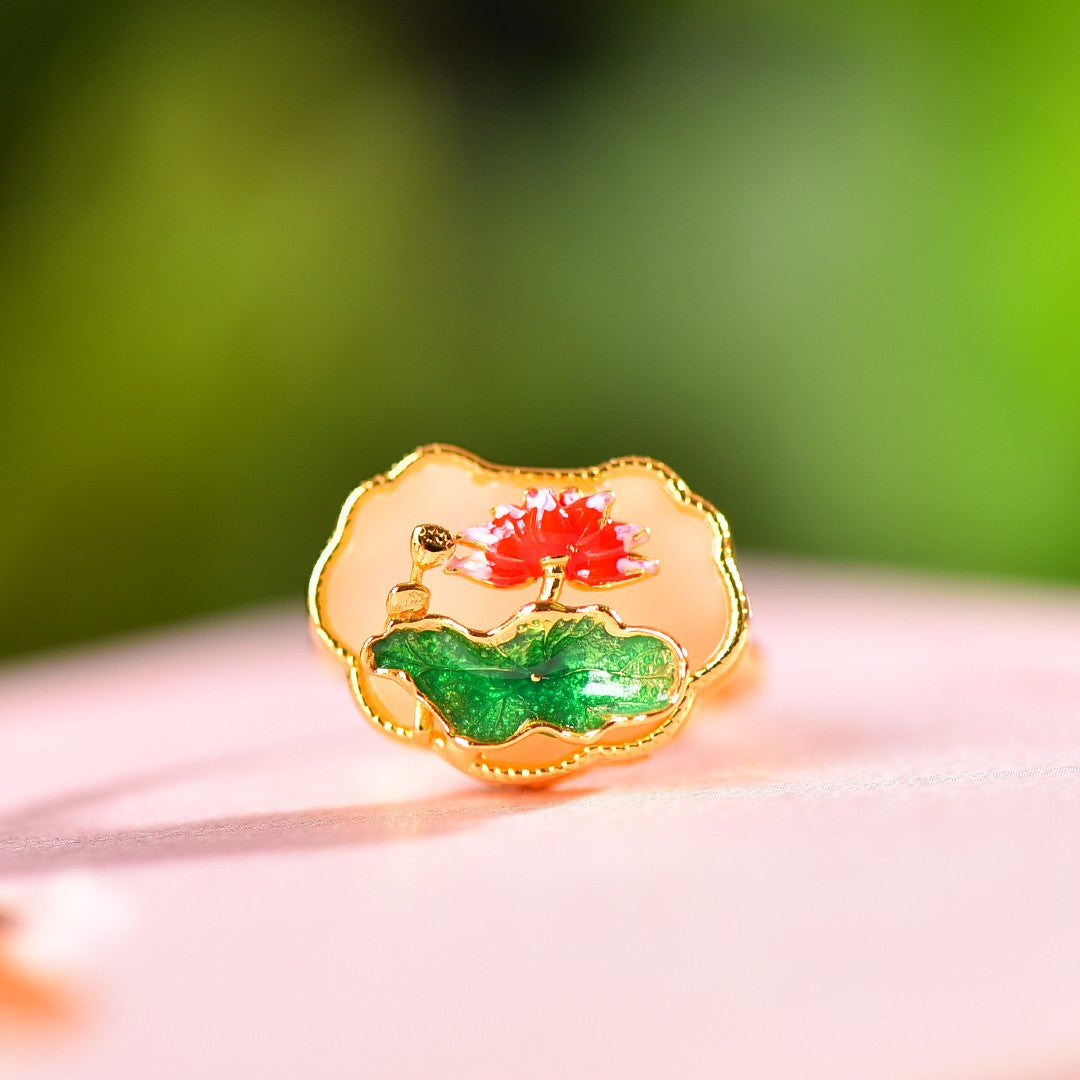 Silver gold plated Hetian jade ring