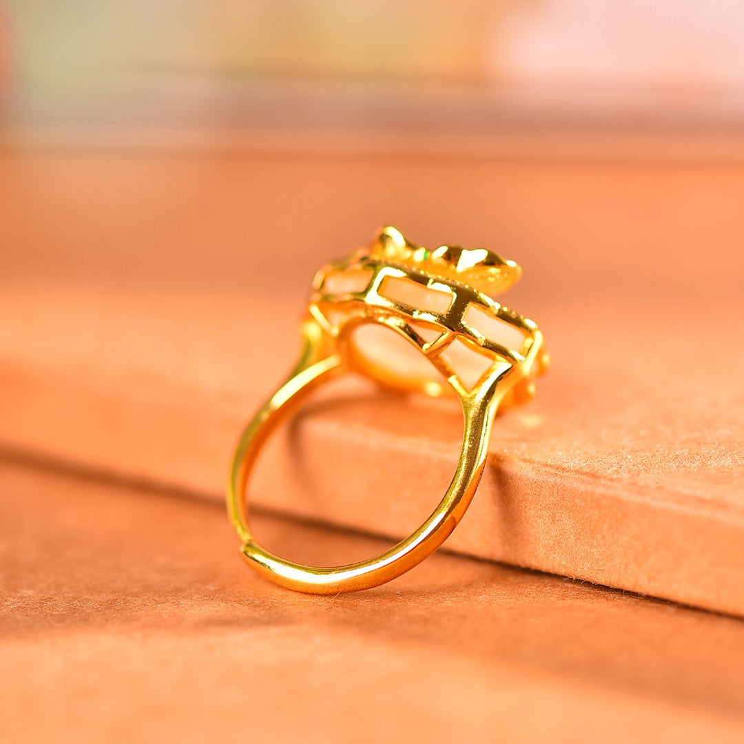 Silver gold plated Hetian jade ring