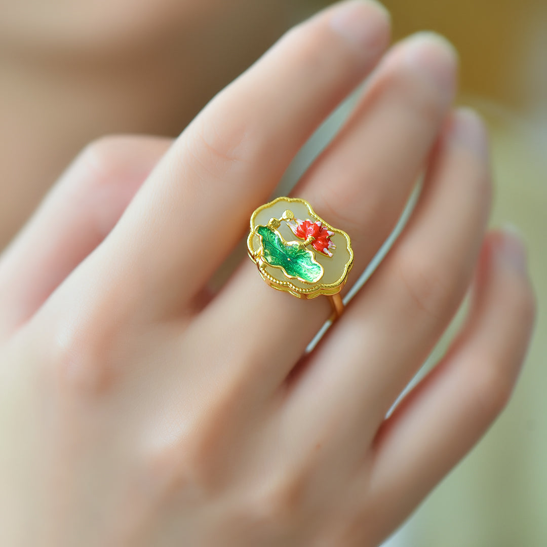 Silver gold plated Hetian jade ring