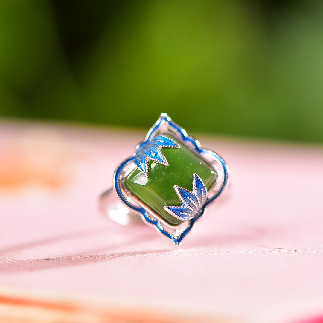 Silver inlaid Hetian jade ring