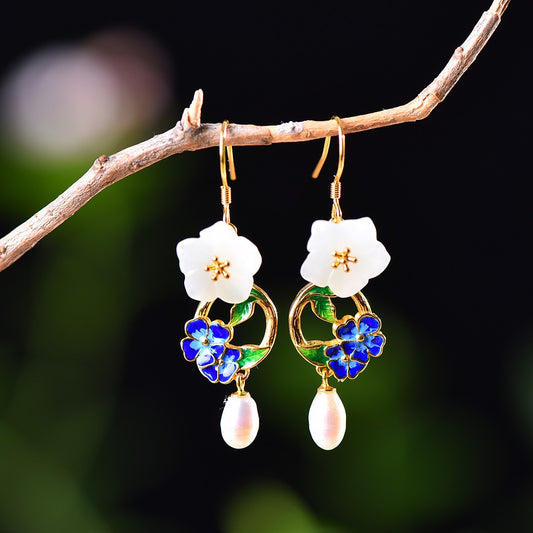 Silver gold plated Hetian jade and pearl earrings