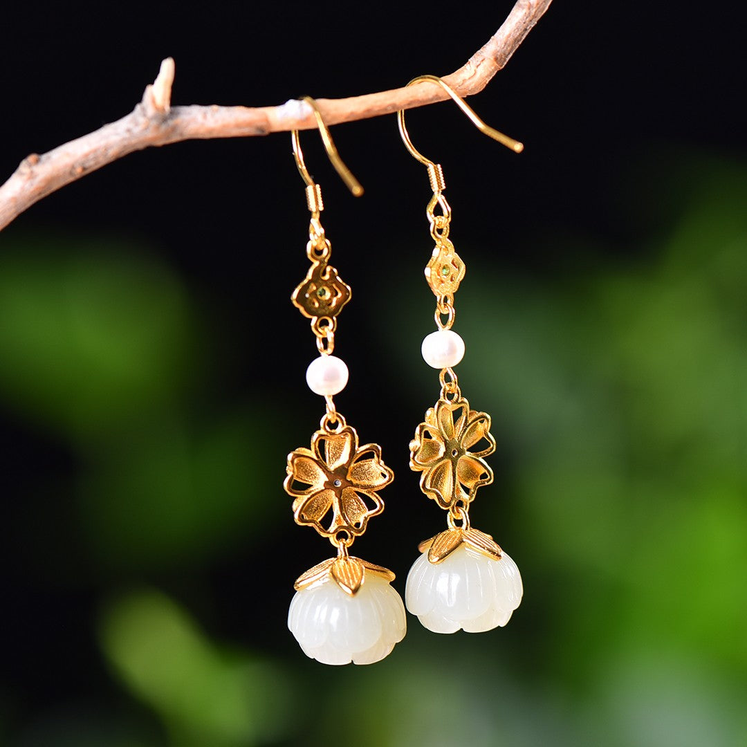 Silver gold-plated inlaid Hetian jade and multi-treasure earrings