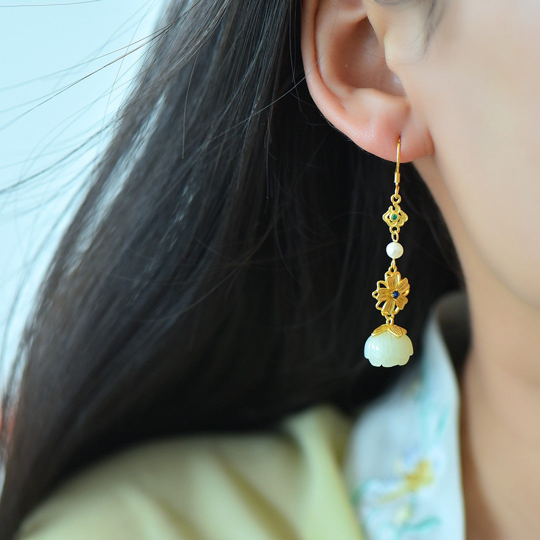 Silver gold-plated inlaid Hetian jade and multi-treasure earrings