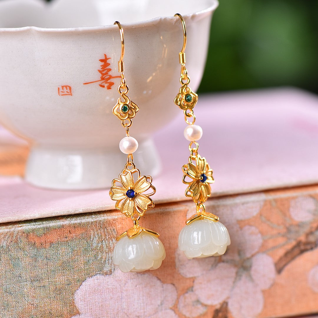 Silver gold-plated inlaid Hetian jade and multi-treasure earrings