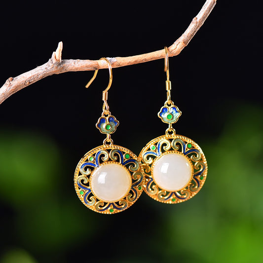 Silver gold plated Hetian jade earrings