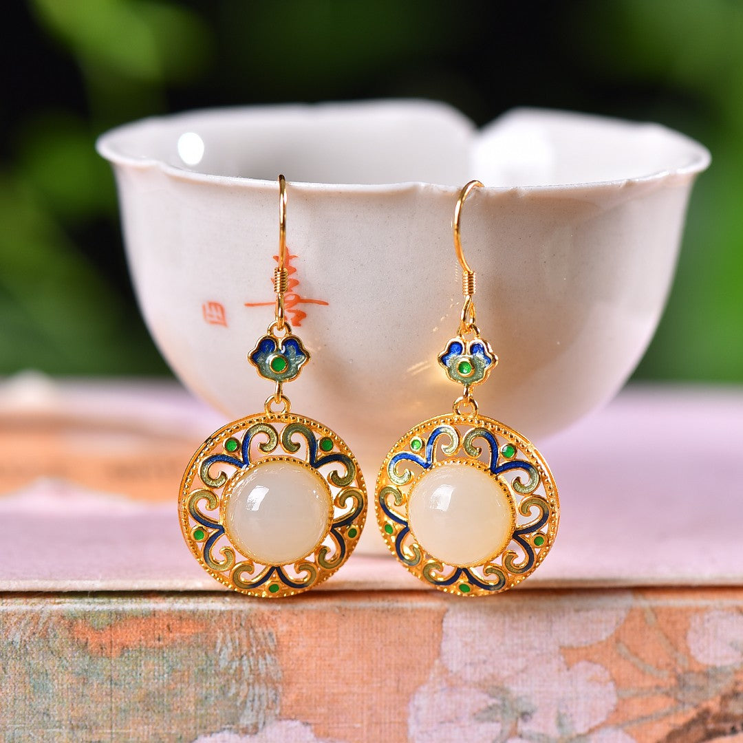 Silver gold plated Hetian jade earrings