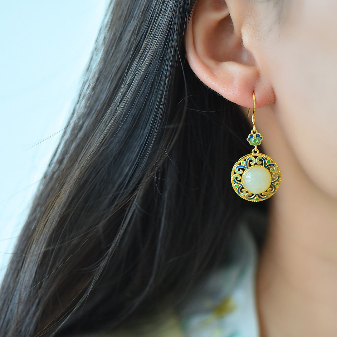 Silver gold plated Hetian jade earrings