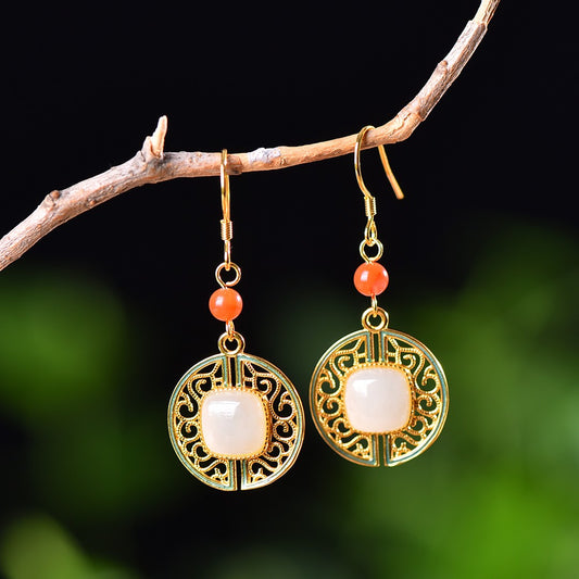 Silver gold plated Hetian jade earrings