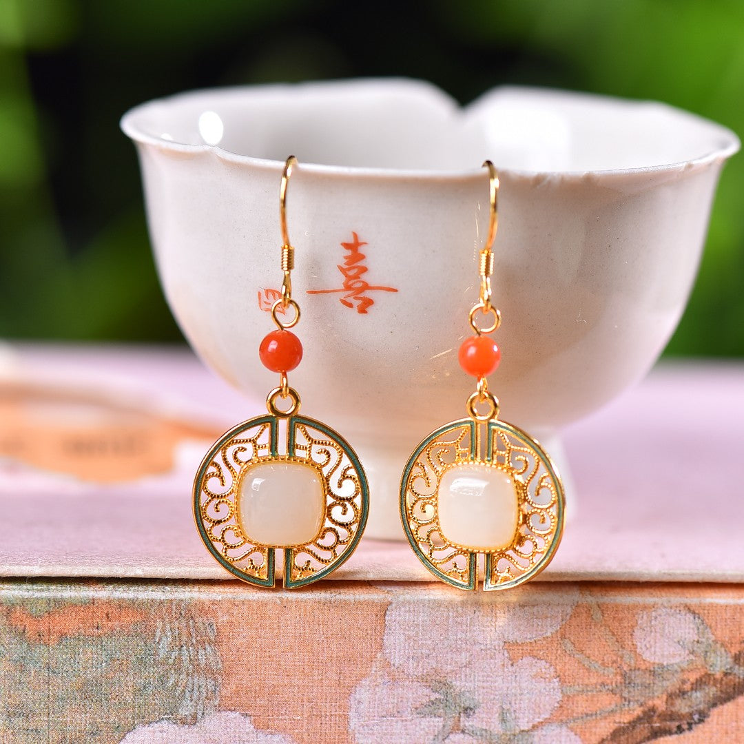 Silver gold plated Hetian jade earrings