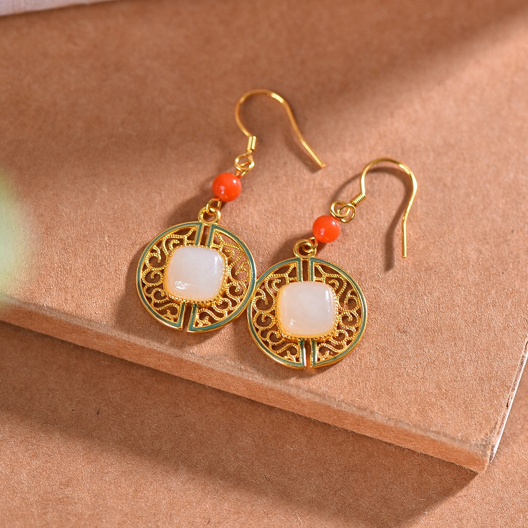 Silver gold plated Hetian jade earrings