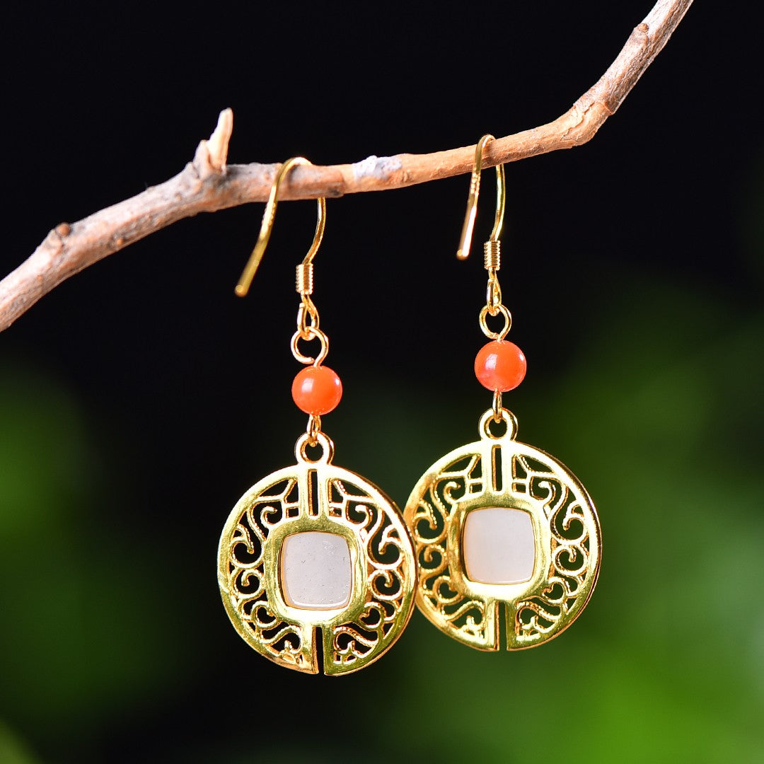 Silver gold plated Hetian jade earrings