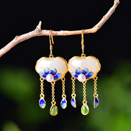 Silver gold plated Hetian jade earrings