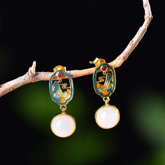 Silver gold plated Hetian jade earrings