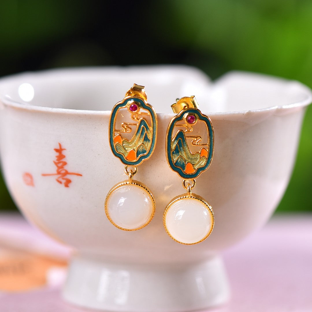 Silver gold plated Hetian jade earrings