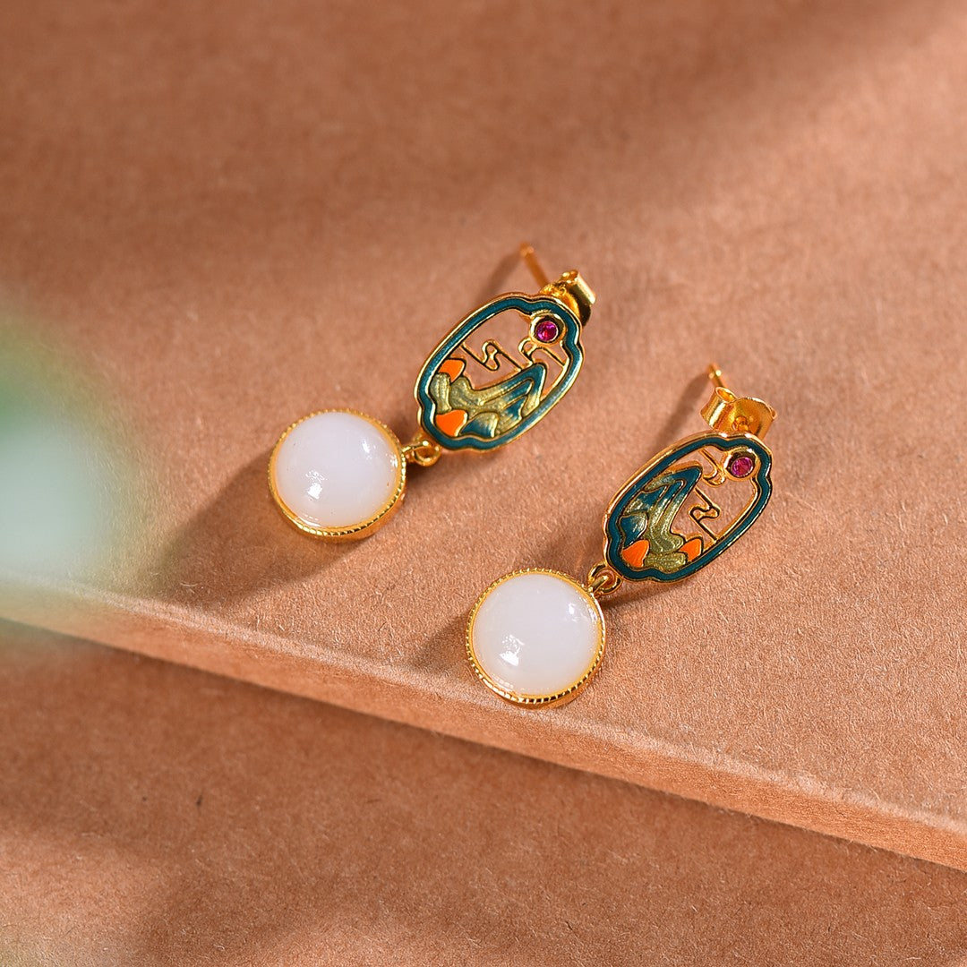 Silver gold plated Hetian jade earrings