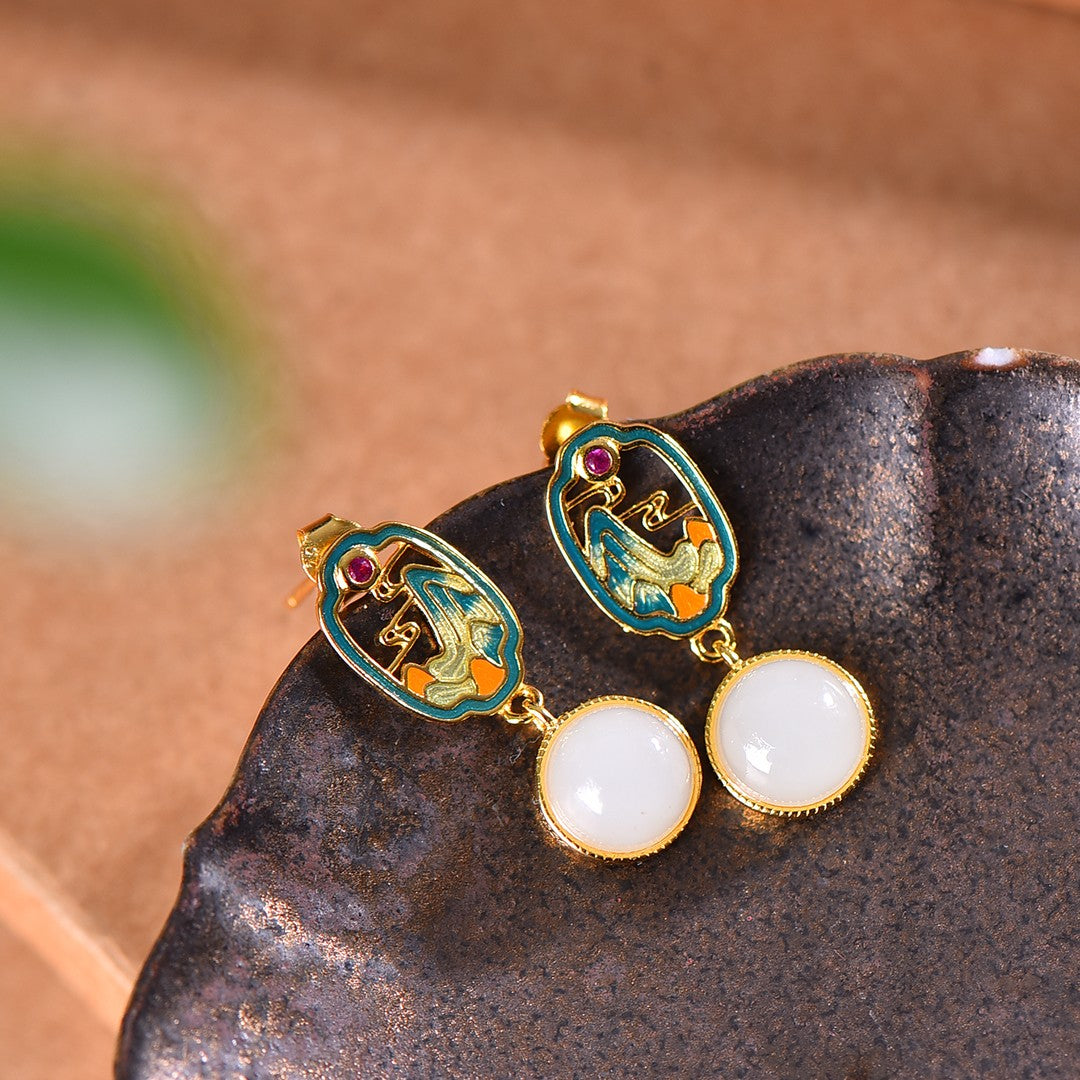 Silver gold plated Hetian jade earrings