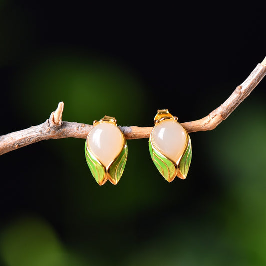 Silver gold plated Hetian jade earrings