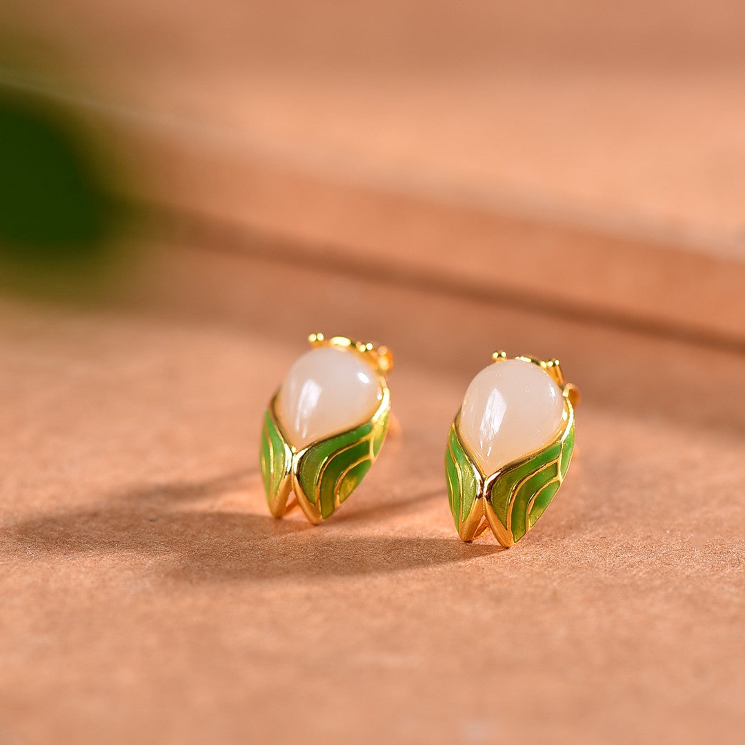 Silver gold plated Hetian jade earrings