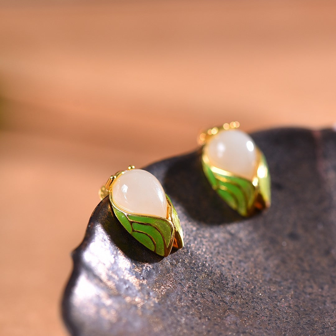 Silver gold plated Hetian jade earrings