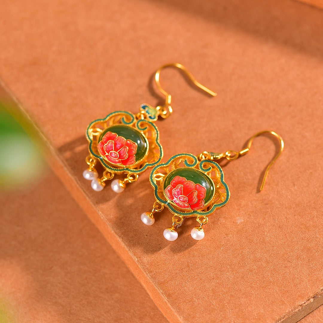 Silver gold plated Hetian jade earrings