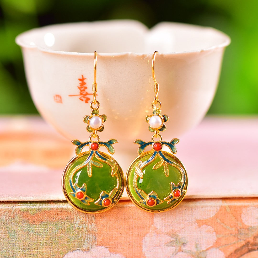 Silver gold plated Hetian jade earrings