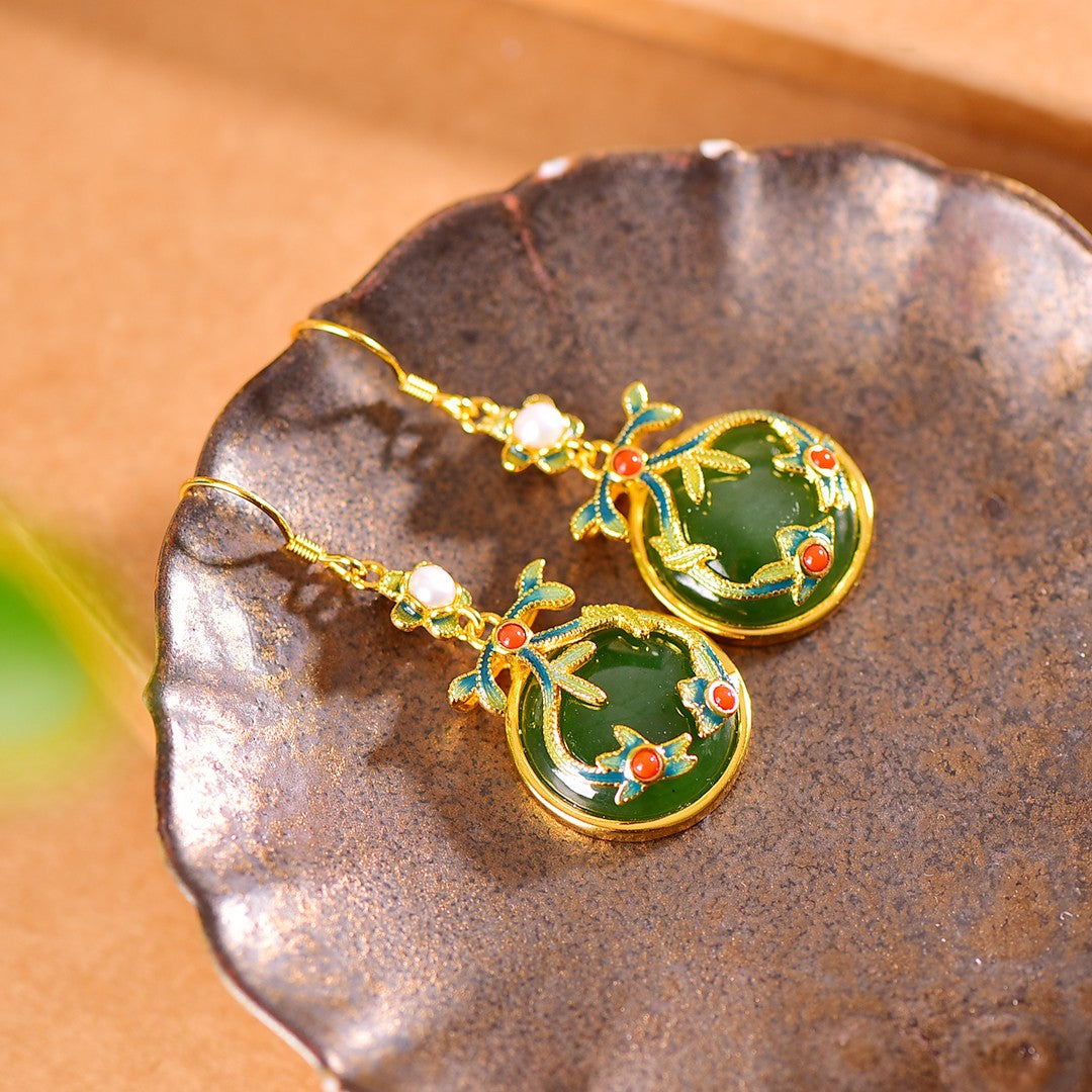 Silver gold plated Hetian jade earrings