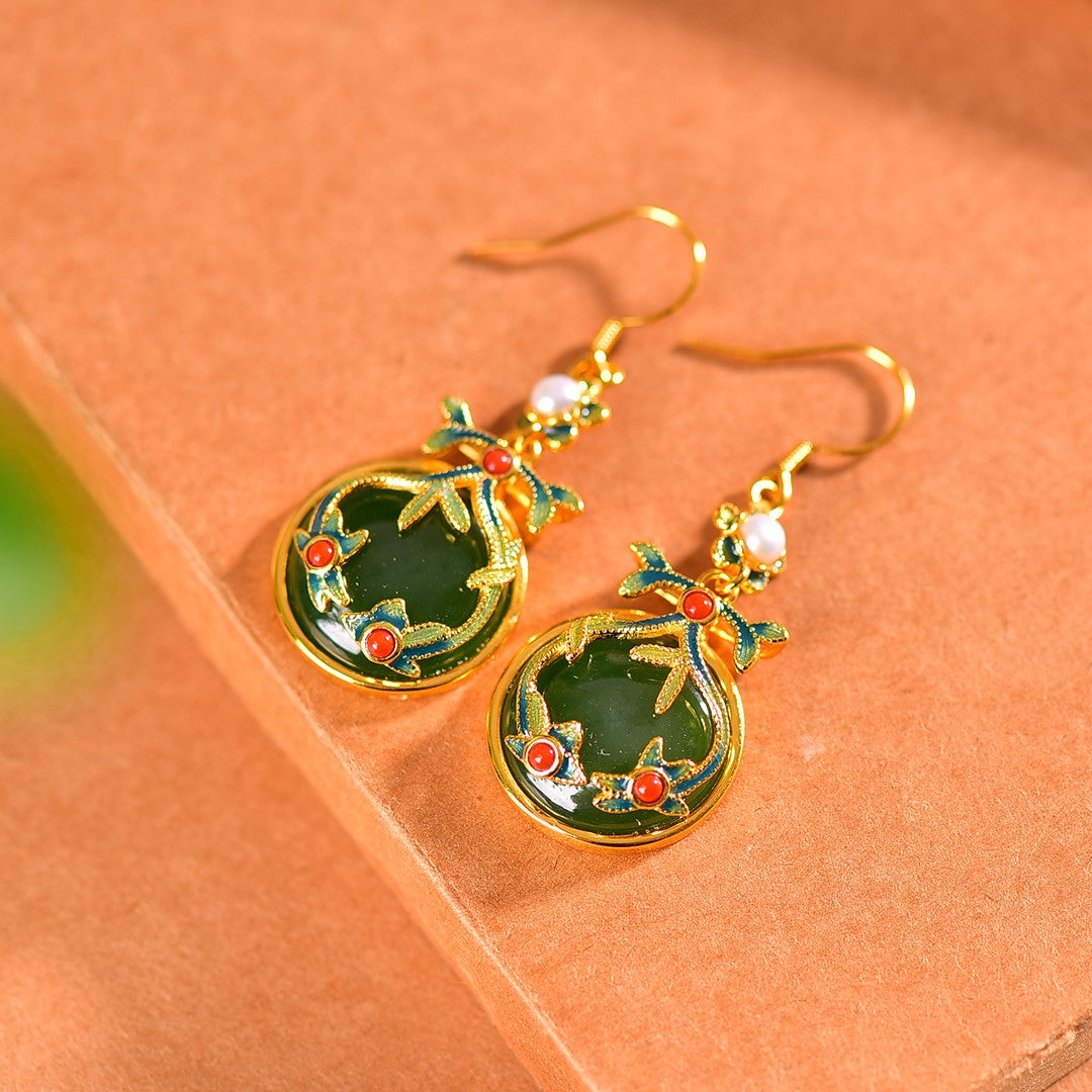 Silver gold plated Hetian jade earrings