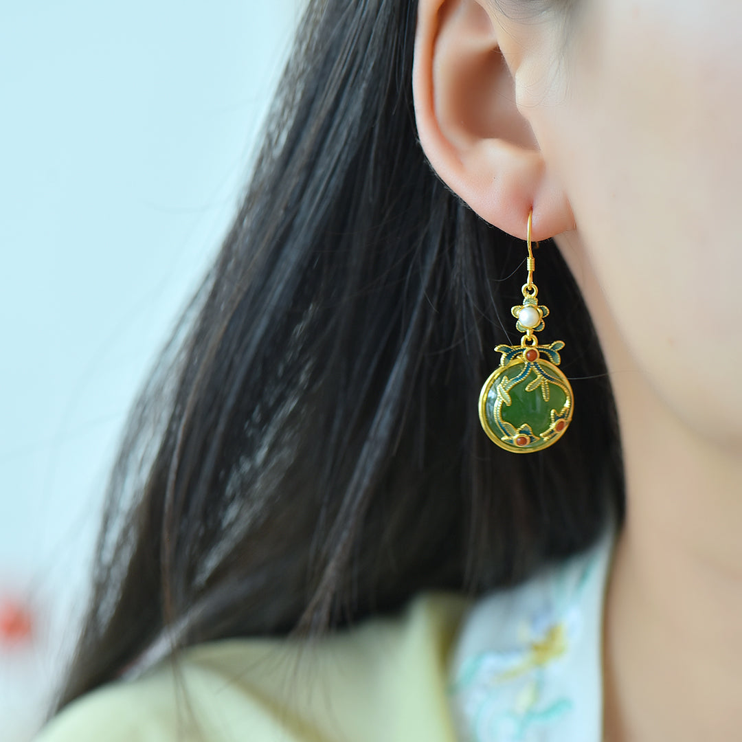 Silver gold plated Hetian jade earrings