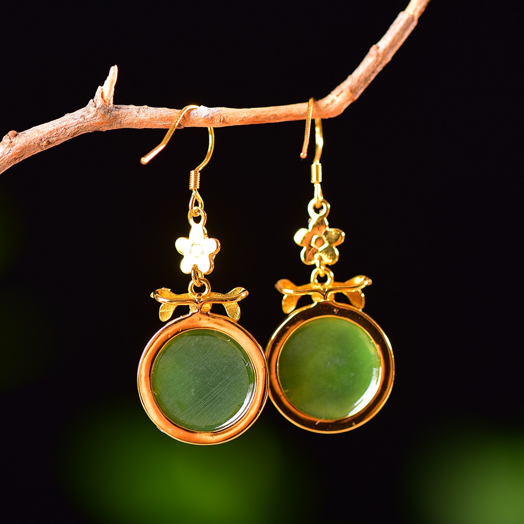 Silver gold plated Hetian jade earrings