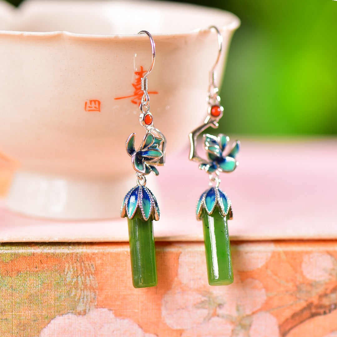 Silver gold plated Hetian jade earrings