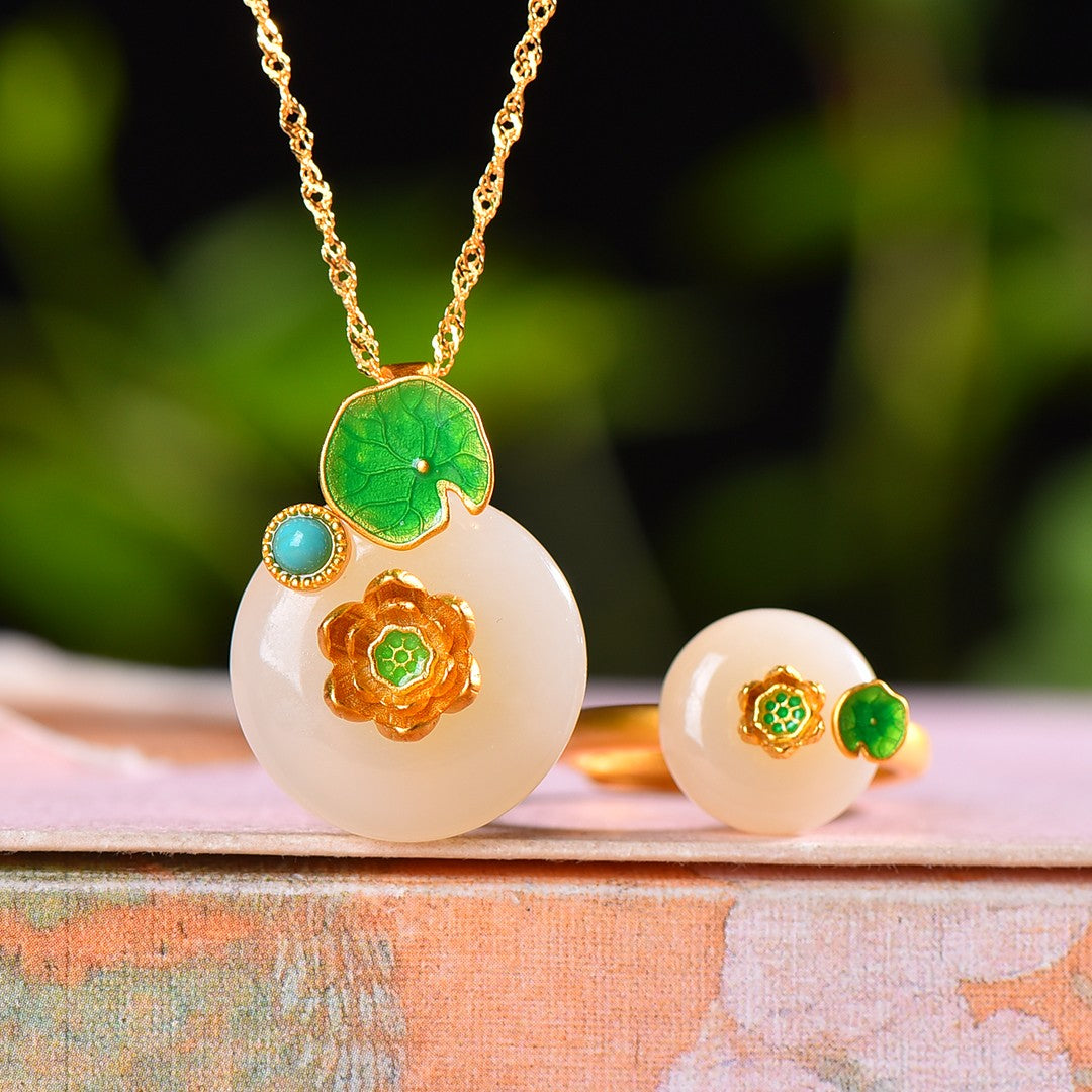 Silver gold plated Hetian jade enamel set