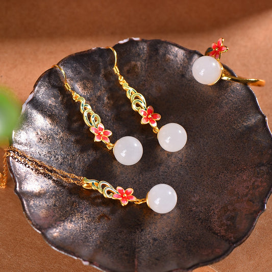 Silver gold plated Hetian jade enamel set