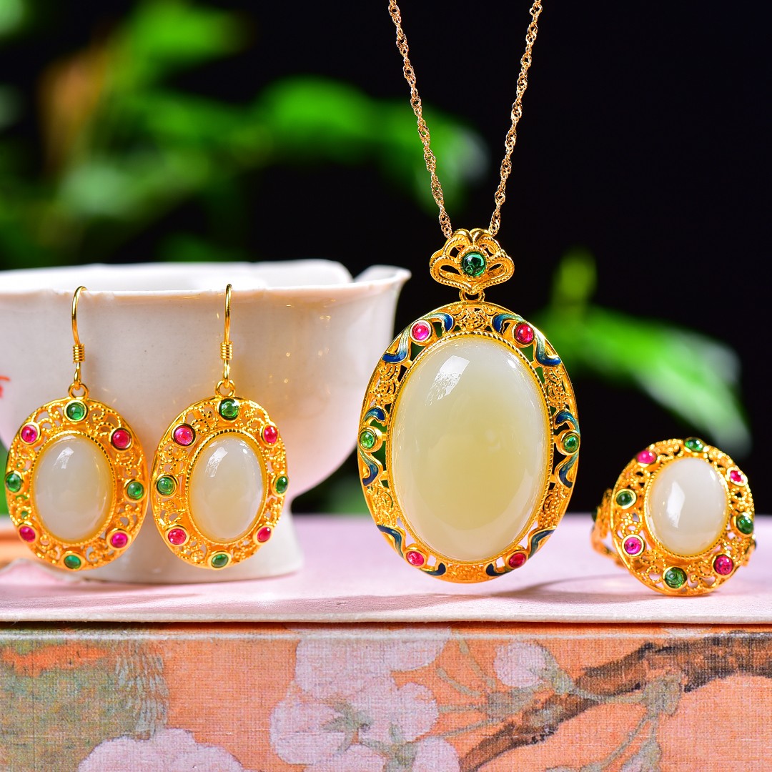 Silver gold-plated Hetian jade three-piece set