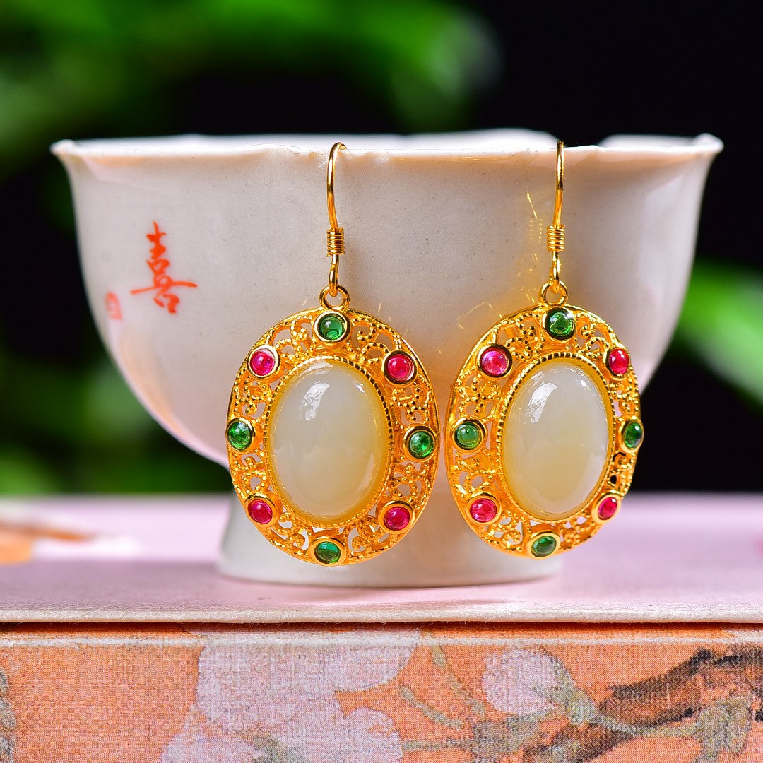 Silver gold-plated Hetian jade three-piece set