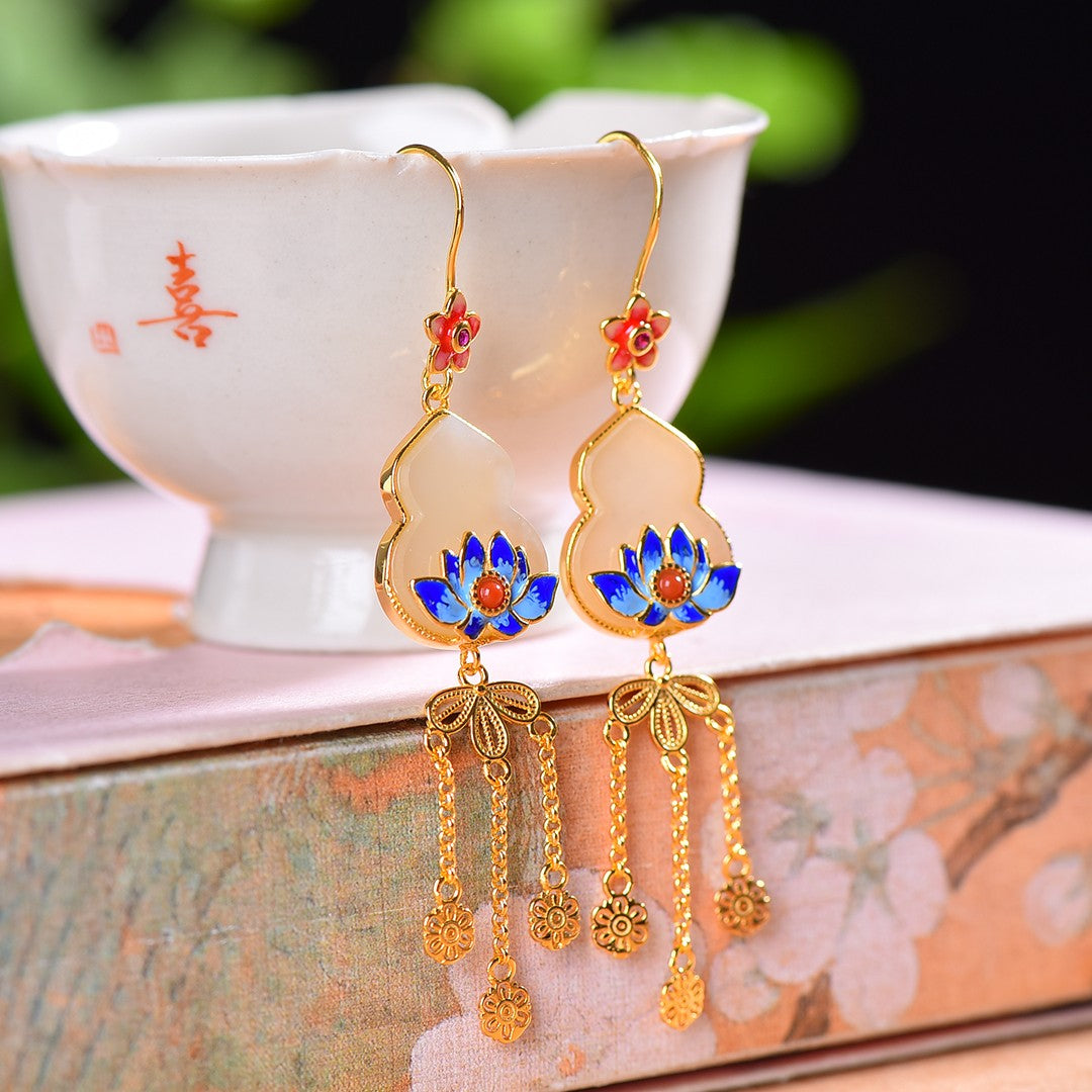 Silver gold plated Hetian jade earrings