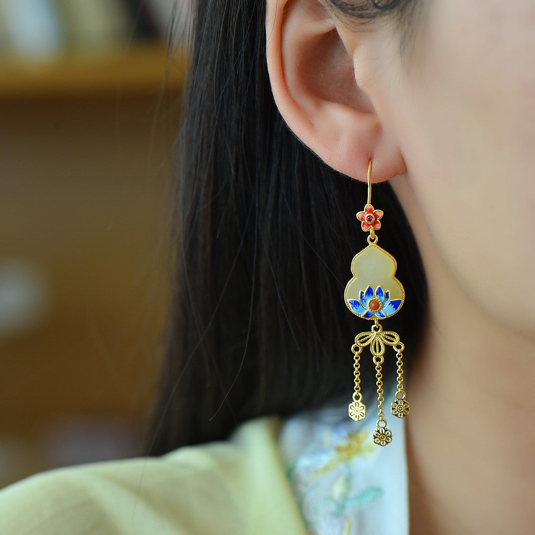 Silver gold plated Hetian jade earrings