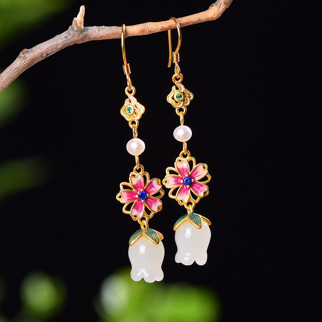 Silver gold plated Hetian jade earrings