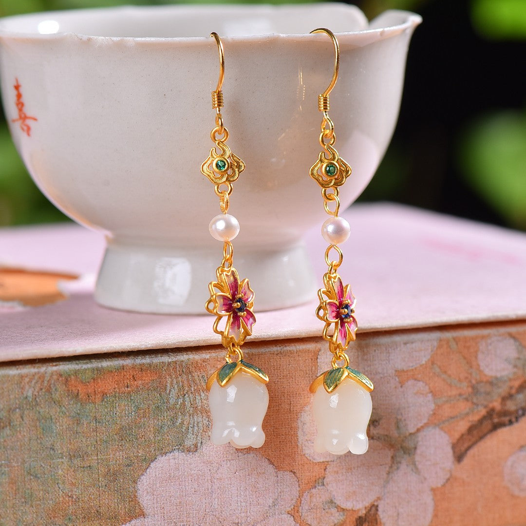 Silver gold plated Hetian jade earrings