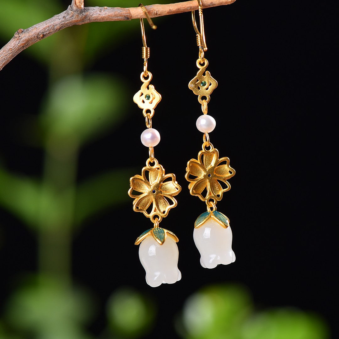 Silver gold plated Hetian jade earrings