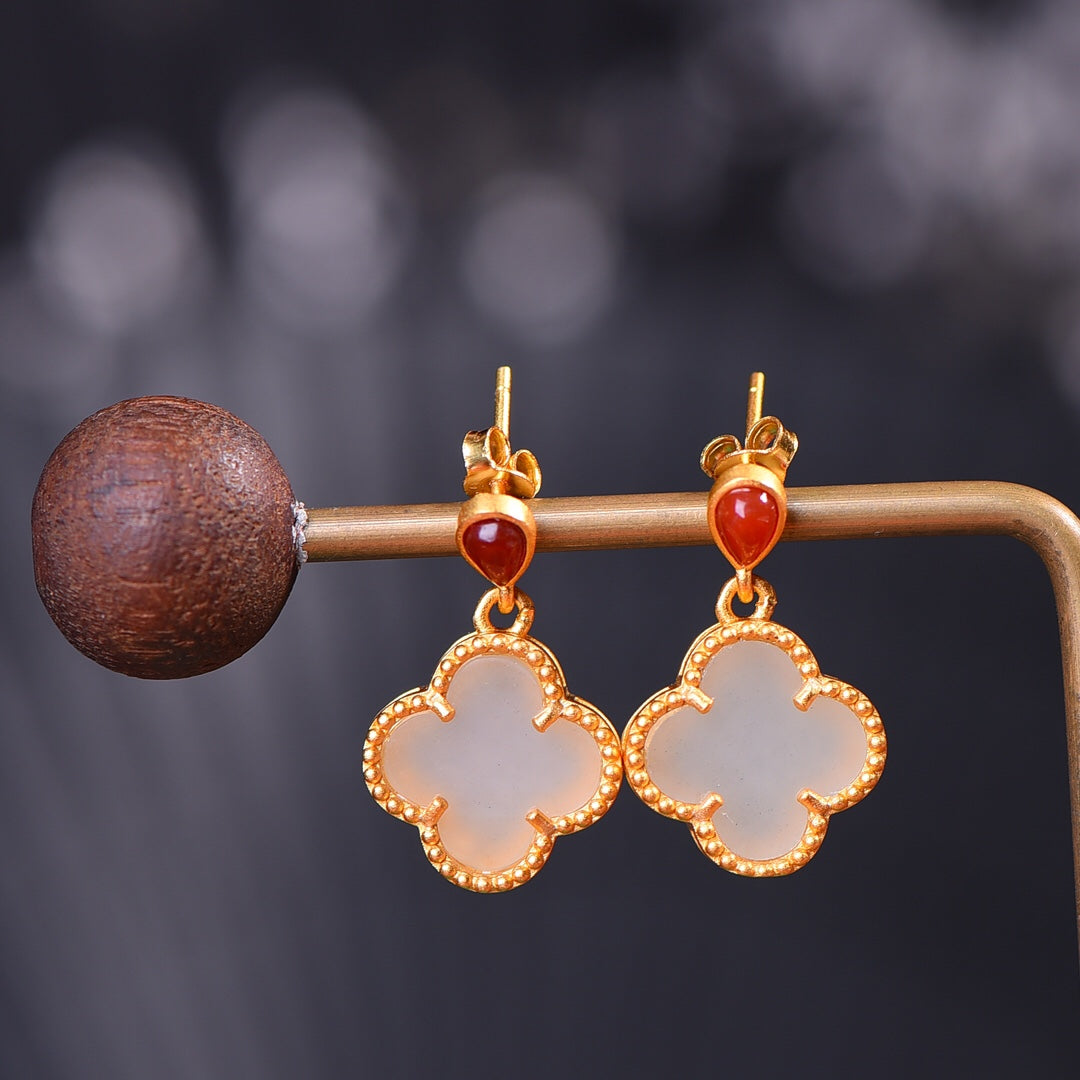 Silver gold plated Hetian jade earrings