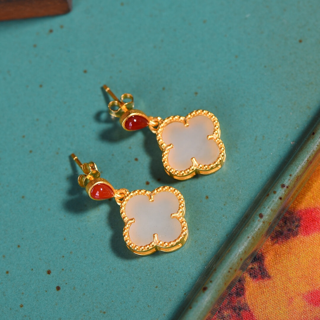 Silver gold plated Hetian jade earrings