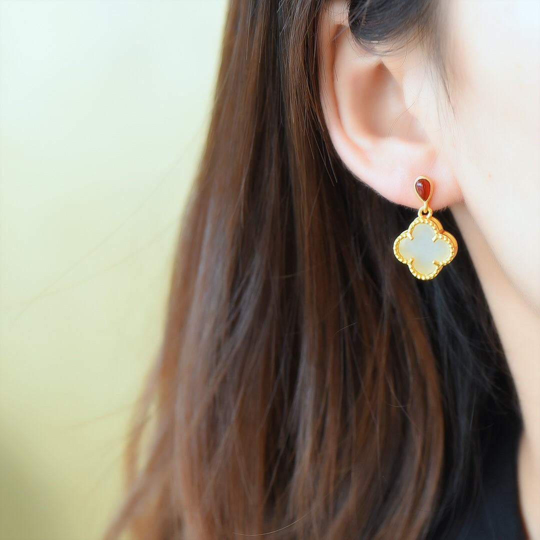 Silver gold plated Hetian jade earrings