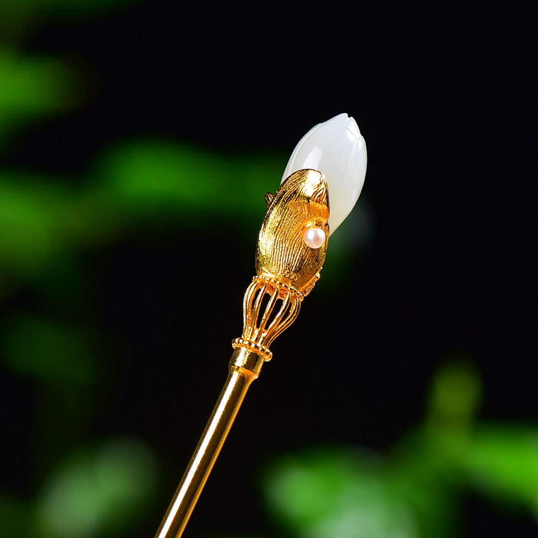 Silver gold plated Hetian jade hairpin