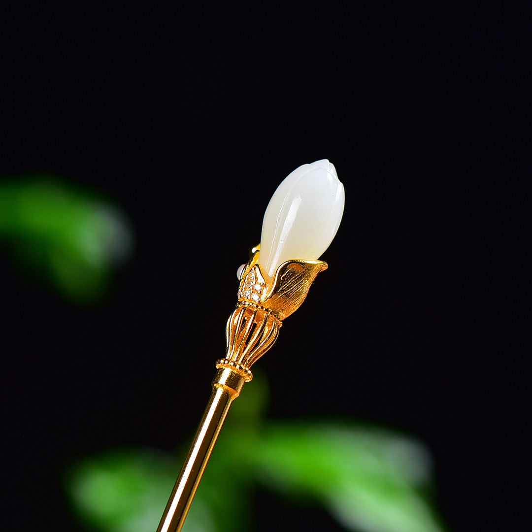 Silver gold plated Hetian jade hairpin