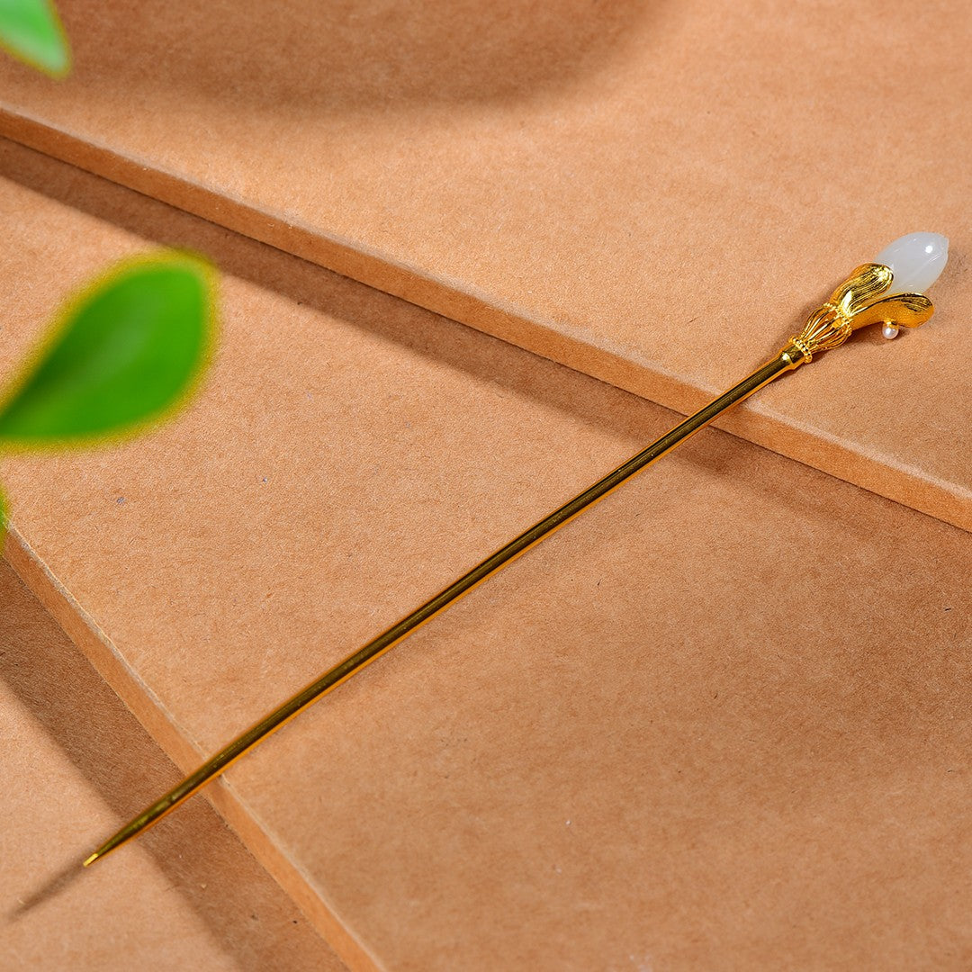 Silver gold plated Hetian jade hairpin