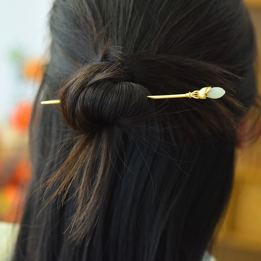 Silver gold plated Hetian jade hairpin